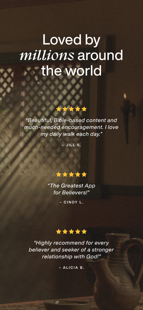 Positive user testimonials and five star ratings for the Glorify app displayed against a warm aesthetic background