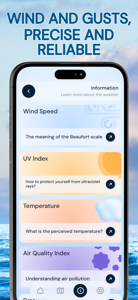 Tela de informações do aplicativo Wind Radar exibindo seções para velocidade do vento, índice UV, temperatura e qualidade do ar.