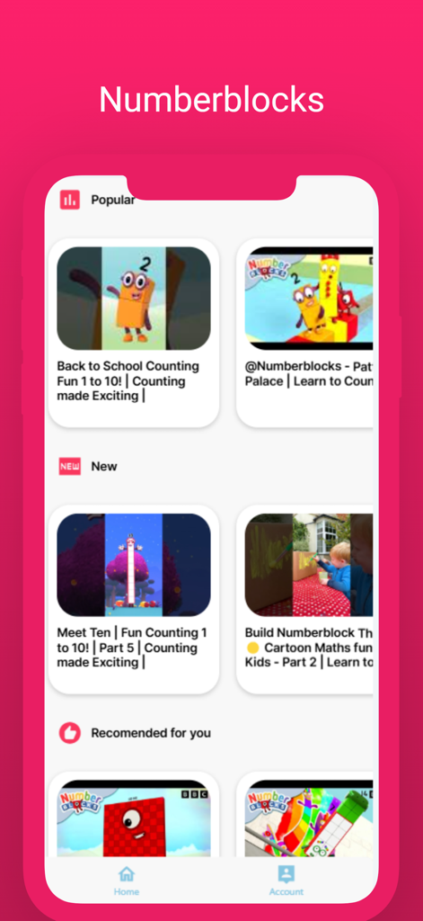 子供向けの様々な教育的な数え方ビデオカテゴリが表示されているNumberblocksアプリのホーム画面のスクリーンショット