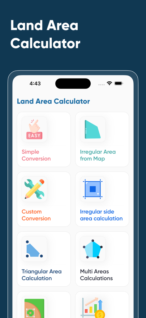 Land Area Calculators - Das Hauptmenü der Flächenrechner-App mit Optionen für Flächenvermessung und Einheitenumrechnung