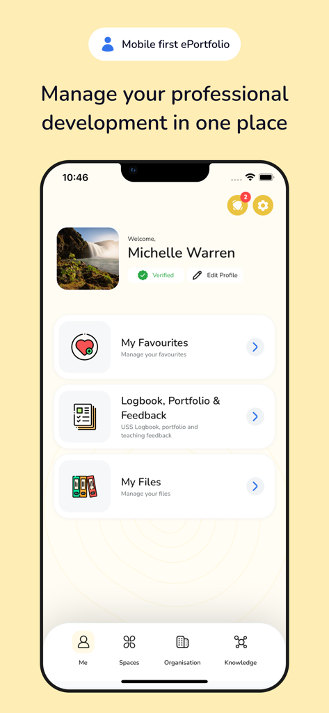 Interface de l'application Eolas Medical montrant un tableau de bord de développement professionnel avec des options pour le journal de bord et les dossiers cliniques