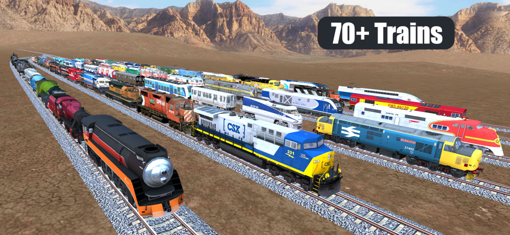 Train Sim Pro - A wide variety of over 70 realistic 3D trains lined up on tracks in a desert landscape.