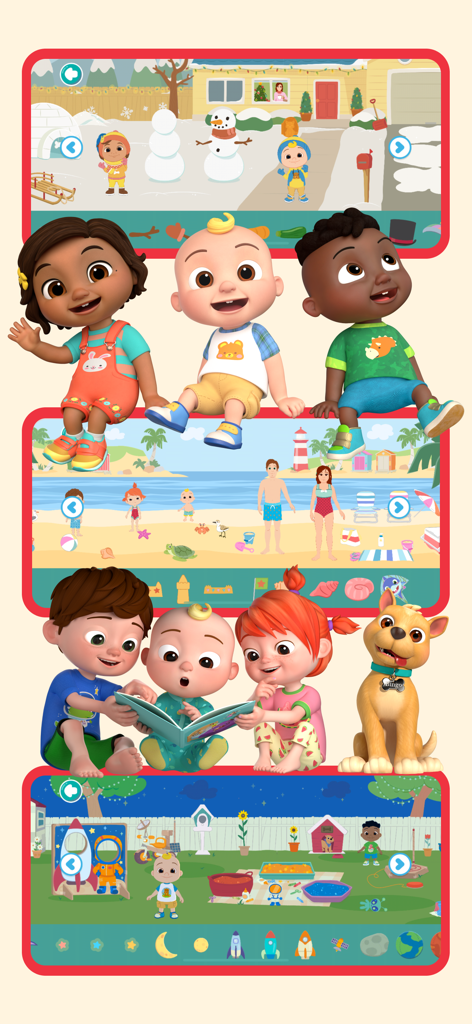 CoComelon: Learn ABCs and 123s - Personajes de CoComelon JJ y amigos en varios entornos de juego interactivos como una playa y un patio nevado