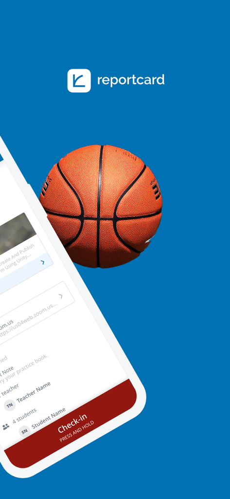Classcard Student - 농구 배경과 수업 체크인 기능이 있는 모바일 앱 인터페이스.