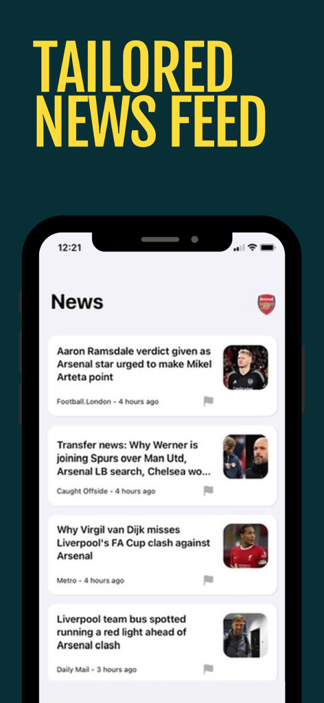 Football News 365 - Soccer - Schermata dell'app mobile che mostra un feed di notizie di calcio personalizzato con titoli su Arsenal e Liverpool