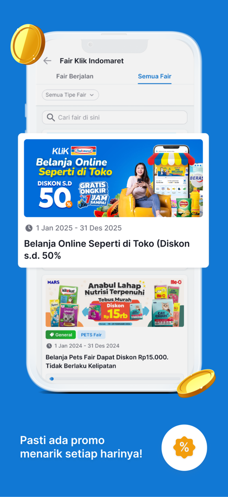 Klik Indomaret - Klik Indomaret app screen displaying various shopping promotions and discount banners.