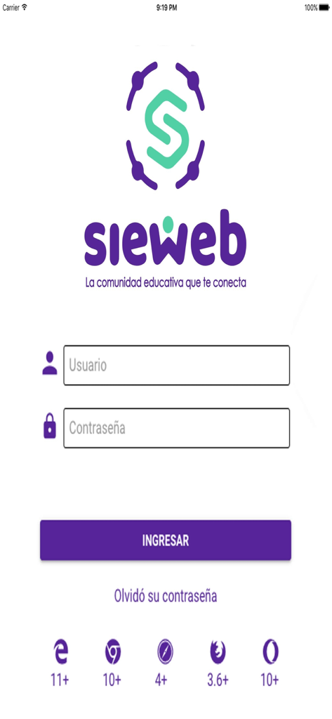 SieWeb - Login screen of the SieWeb educational management app with username and password fields.