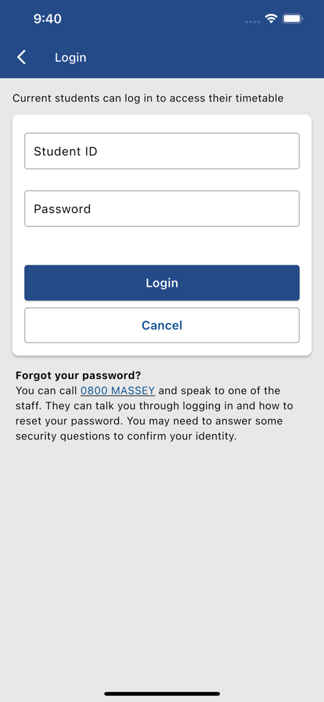 Login screen for Massey University students to access their timetable