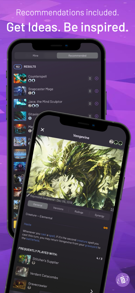 TopDecked MTG - Magic The Gathering app showing card recommendations and Vengevine card details