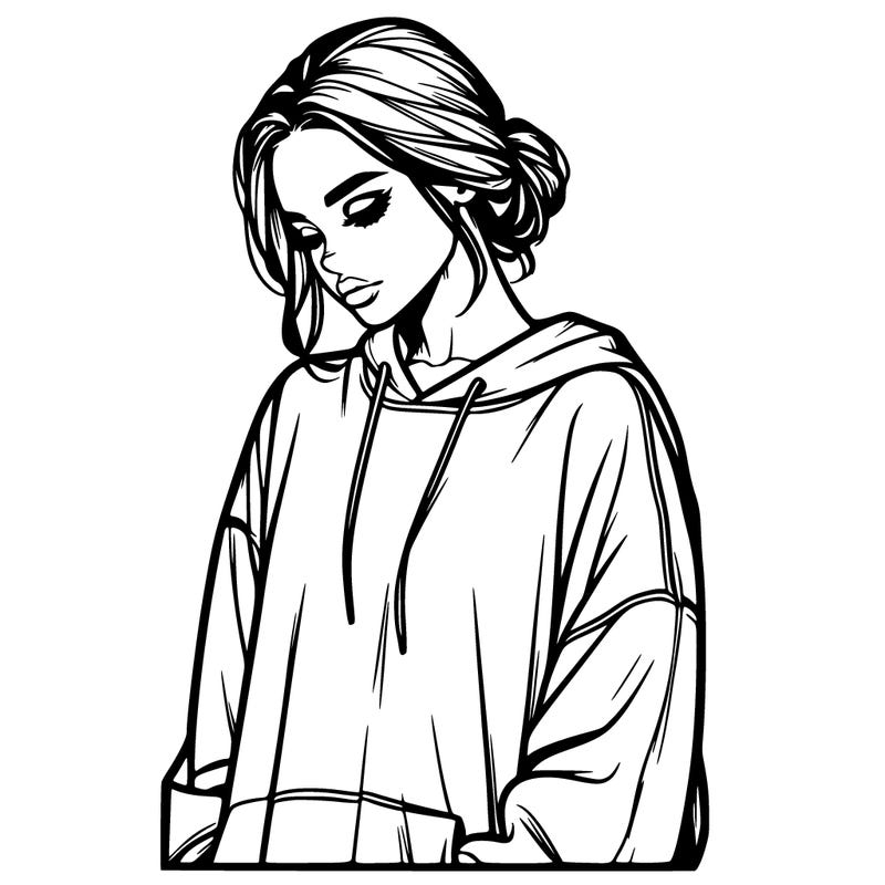 realistic woman in big sweatshirt