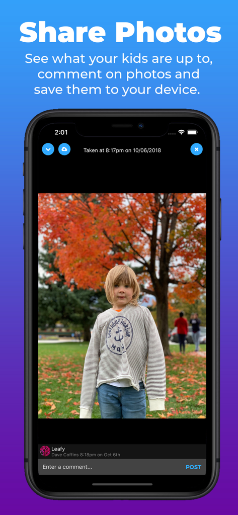 Daily Nanny - Daily Nanny app screen showing a shared photo of a child in a park during autumn