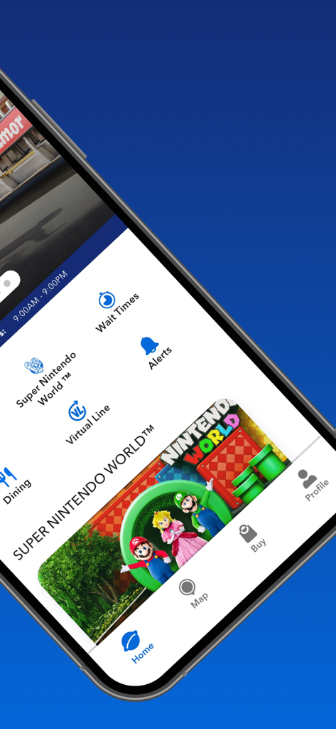 Universal Studios Hollywood app home screen featuring wait times and Super Nintendo World section