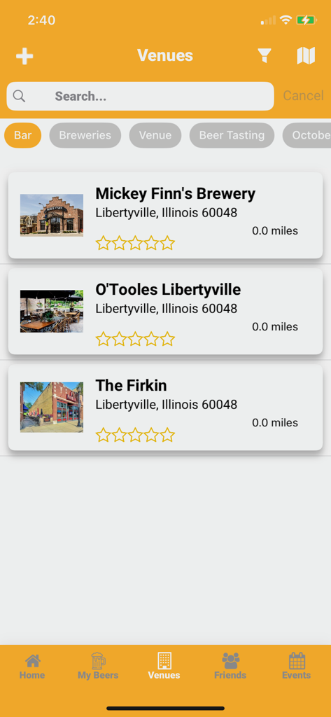 Screenshot of the Artificial Beer Intelligence app showing a list of local bars and breweries in Libertyville Illinois