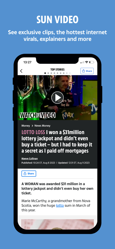 The Sun app interface featuring exclusive video content and a trending viral news story.