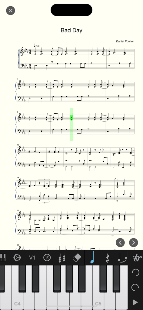 Mobile App-Oberfläche mit Noten für das Lied Bad Day und einer Klaviertastatur zur Eingabe von Noten