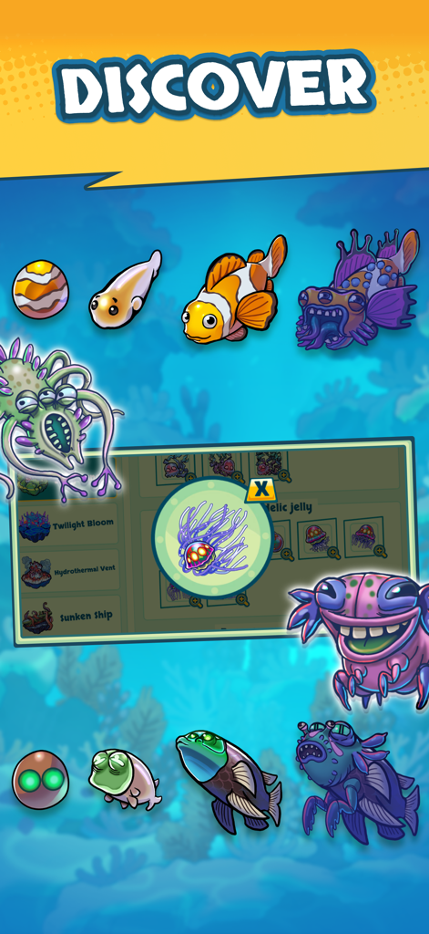 Submarine Quest: Merge&Explore - A collection of unique and colorful deep-sea creatures discovered in Submarine Quest: Merge and Explore.