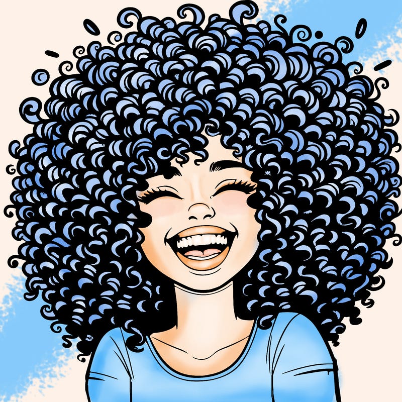 realistic girl with super curly hair laughing
