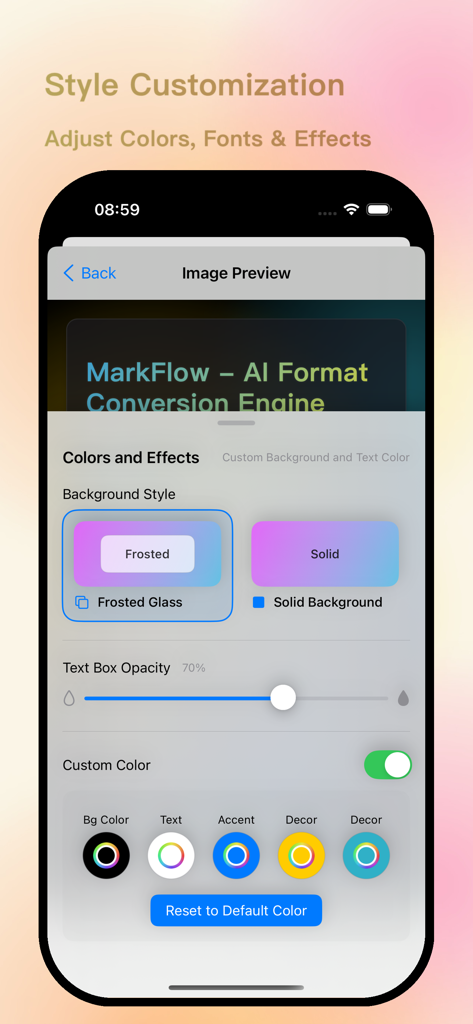 MarkFlow: AI Format Engine - Interfaz de la aplicación MarkFlow mostrando opciones de personalización de estilo para colores de fondo, opacidad de la caja de texto y fuentes.