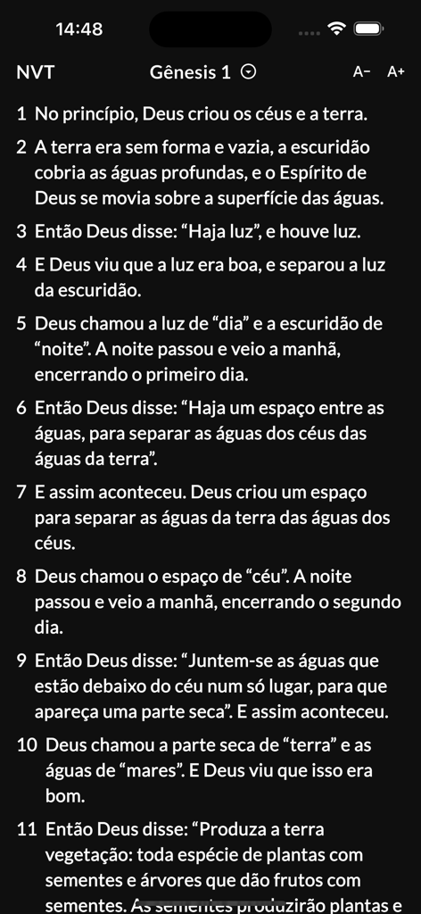 My Bible - Leyendo el capítulo 1 del Génesis en portugués en la interfaz de la aplicación Mi Biblia
