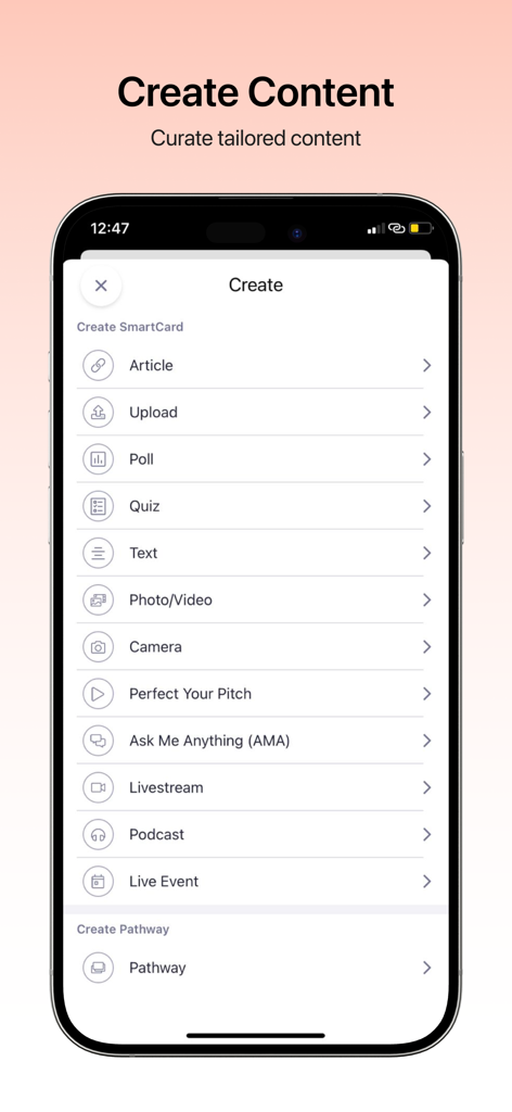 Cornerstone LearningExperience - Cornerstone LearningExperience app interface displaying a menu for creating content like articles polls and podcasts