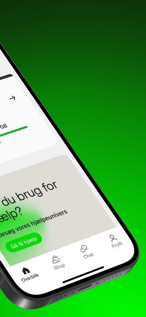 Mit YouSeeのモバイルアプリ画面。ヘルプセクションと、概要、ショップ、チャット、プロフィールのアイコンを備えたナビゲーションメニューが表示されています。