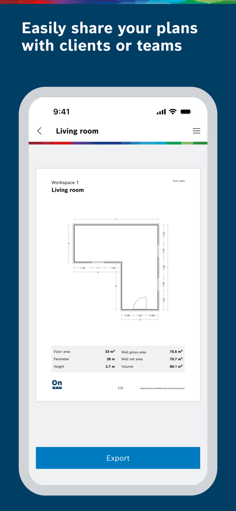 Bosch MeasureOn app displaying a digital floor plan with room measurements and an export button