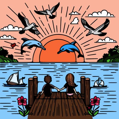 ocean/sunset/dolphins jumping out of water/pelicans flying into the sun/dock/two people sitting down at the end of the dock holding hands boy and a girl