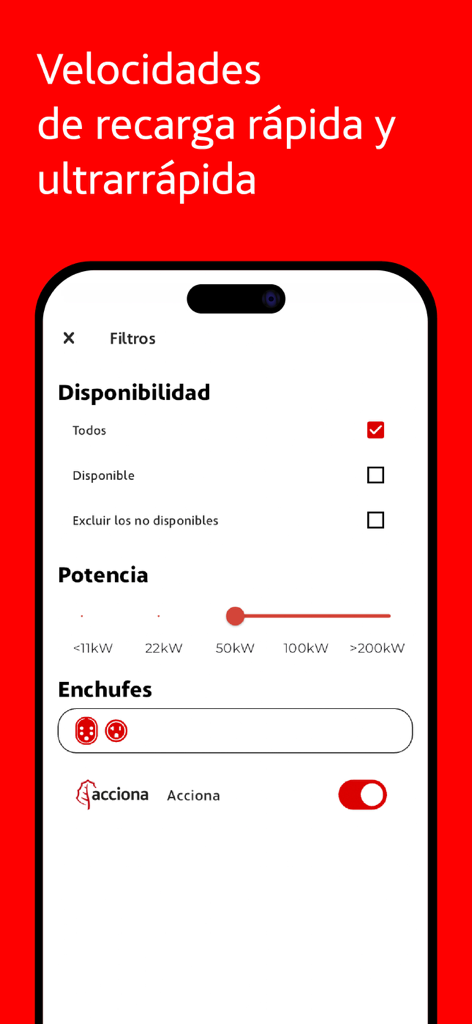 Schermata dello smartphone che mostra i filtri per la disponibilità di ricarica EV e la velocità di potenza nell'app Acciona recarga EV.