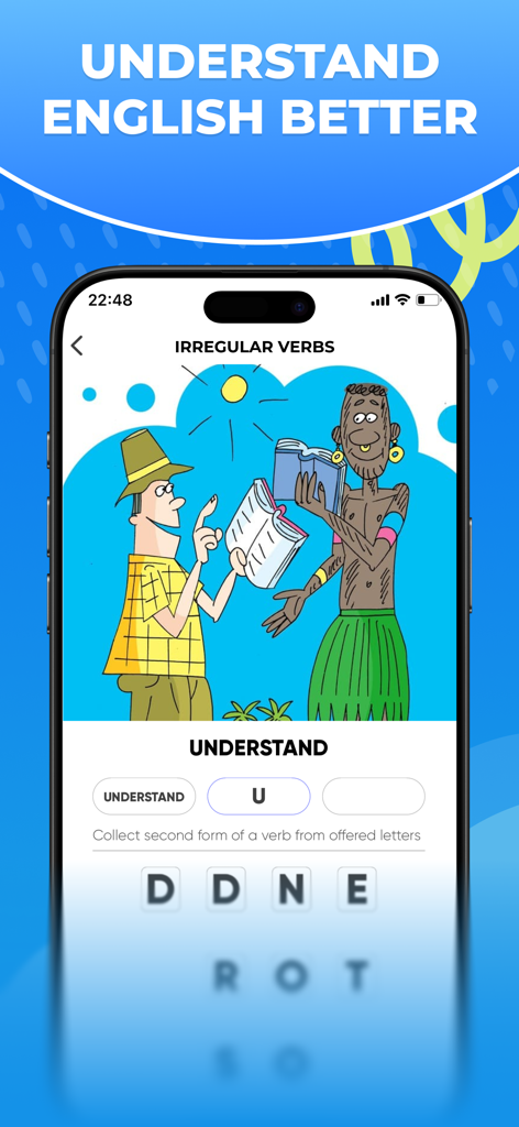 A mobile screen showing a letter scramble exercise to learn the past tense of the English verb understand