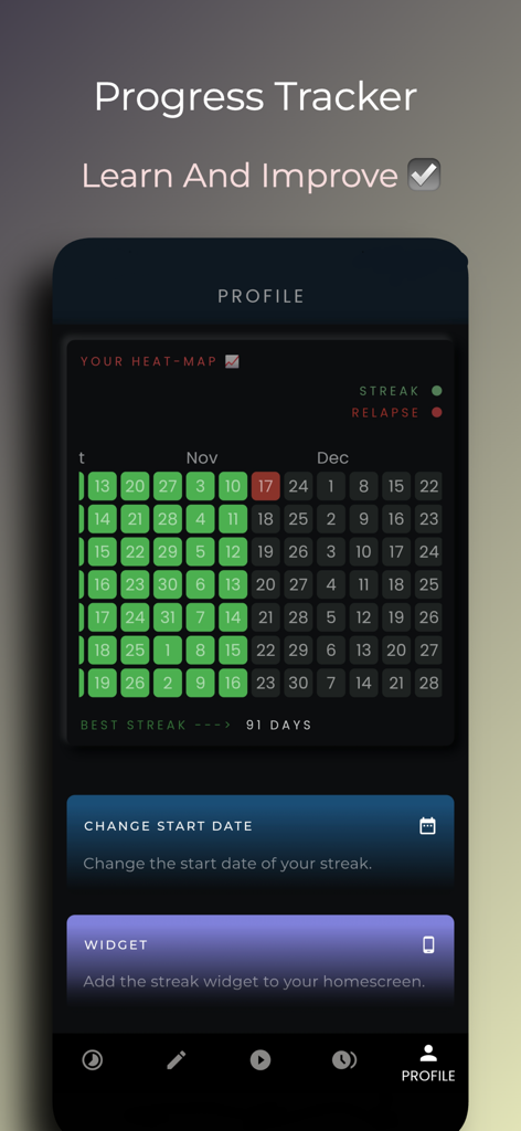 Interfaz de la aplicación NoBeep que muestra un mapa de calor de progreso para rastrear rachas de hábitos y recaídas