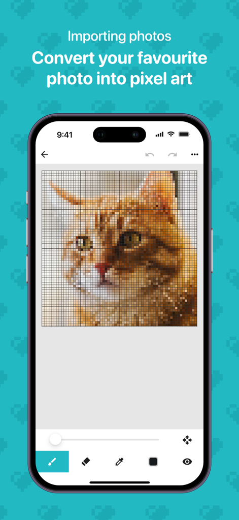 8bit Painter - Pixel Art - A ginger cat photo converted into a pixel art grid on a smartphone using the 8bit Painter app.