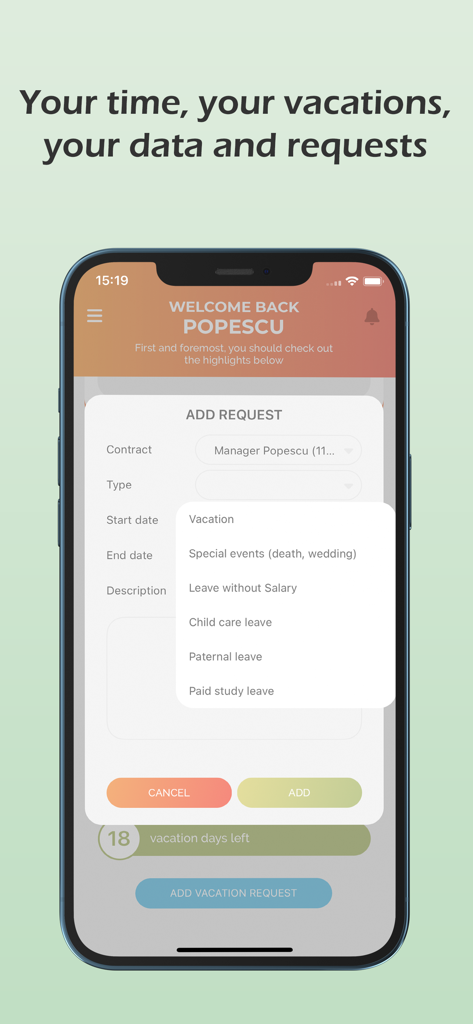 colorful.hr - Mobile screen of the colorful.hr app showing a form to add a vacation or leave request