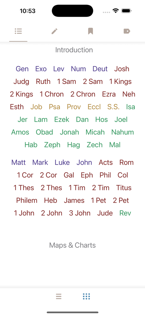 Holy Bible Recovery Version - Navigation menu showing abbreviations for books of the Old and New Testament