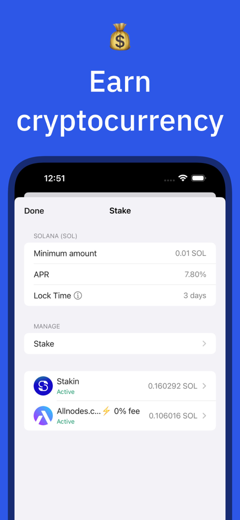 Gem - Crypto & USDT Wallet - Gem Wallet App-Oberfläche, die Solana-Staking-Optionen und APR-Details anzeigt