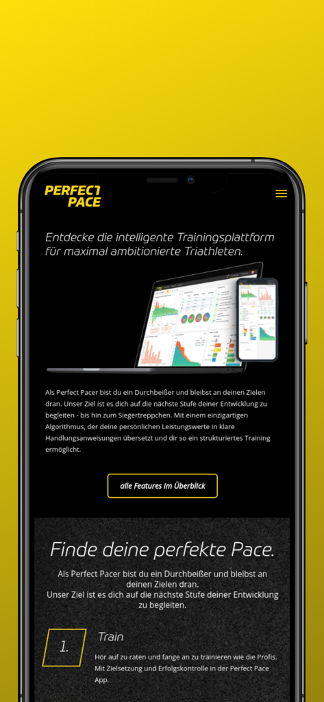 PerfectPace - Smartphone screen displaying the PerfectPace training platform for triathletes with performance analytics