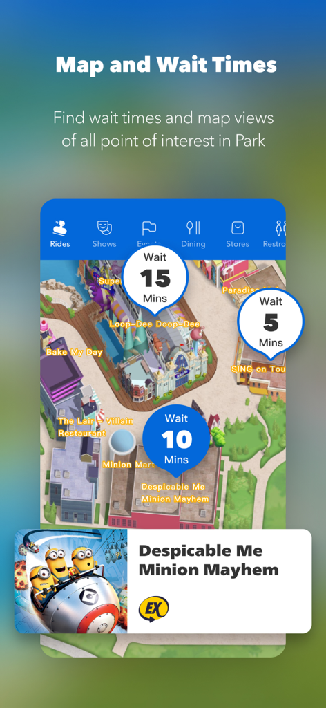 Carte interactive de l'application Universal Beijing Resort montrant les temps d'attente des manèges en temps réel et la navigation dans le parc.