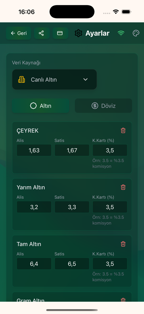 Kuyumcu Fiyat Ekranı - Pantalla de configuración de precios de oro para una aplicación de gestión de joyeros que muestra las tasas de compra y venta