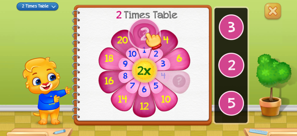 Interactive flower multiplication game for kids learning the 2 times table