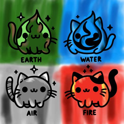 4 cats that represent the different elements, earth, water, air, and fire