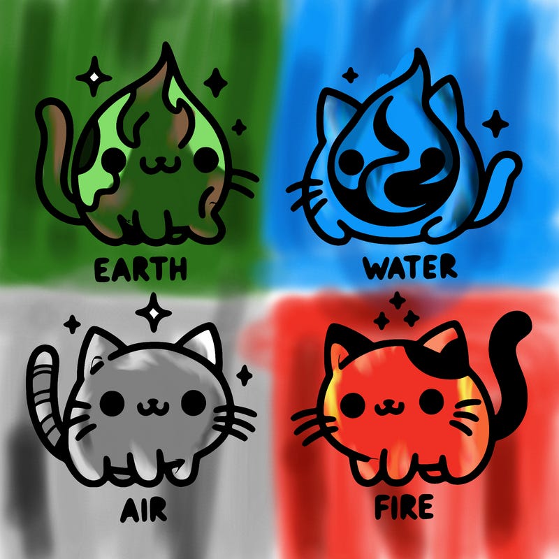 4 cats that represent the different elements, earth, water, air, and fire