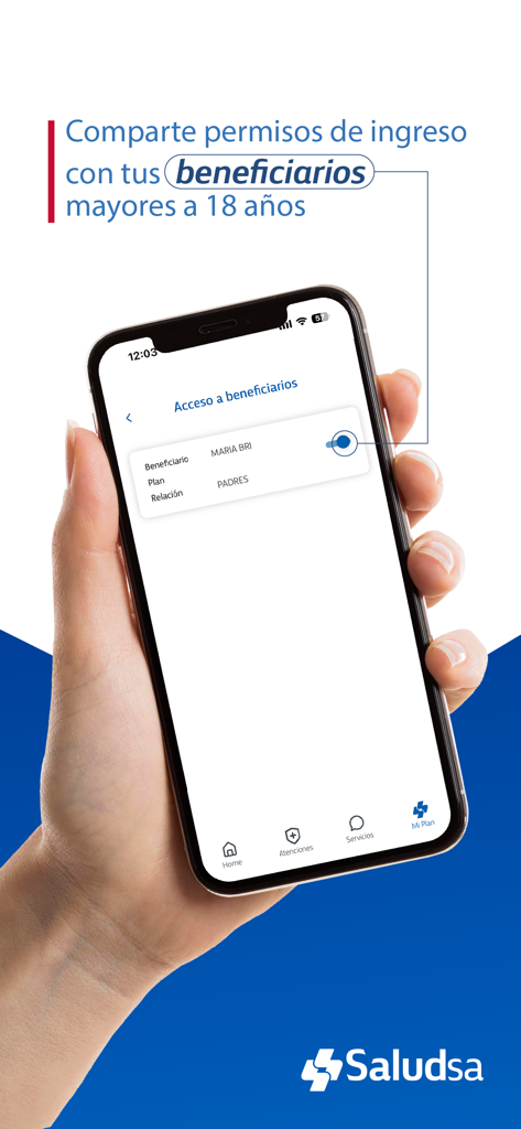 A hand holding a smartphone displaying the Saludsa app screen for managing insurance access permissions for beneficiaries over 18