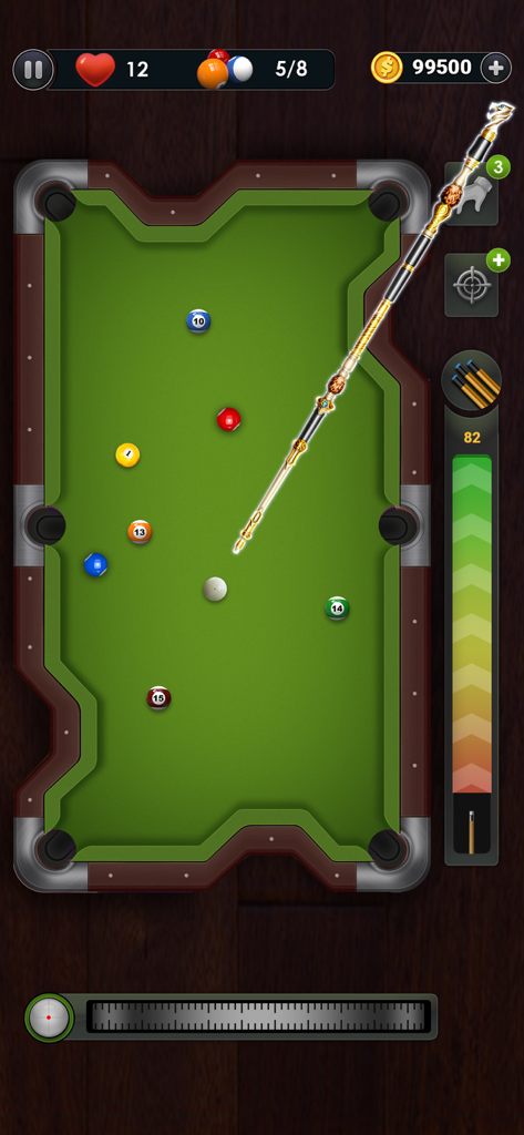 Gameplay screenshot of Billiards City 8 Ball Pool featuring a custom green table and decorative cue stick