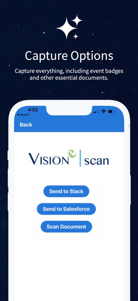 Visione Scan app interface displaying options to send data to Slack and Salesforce