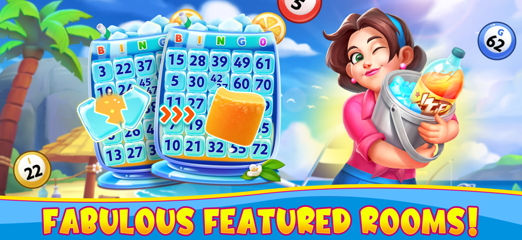 Bravo Bingo-Lucky Bingo Game - A woman holding a bucket of drinks next to beach themed bingo cards with the text Fabulous Featured Rooms.