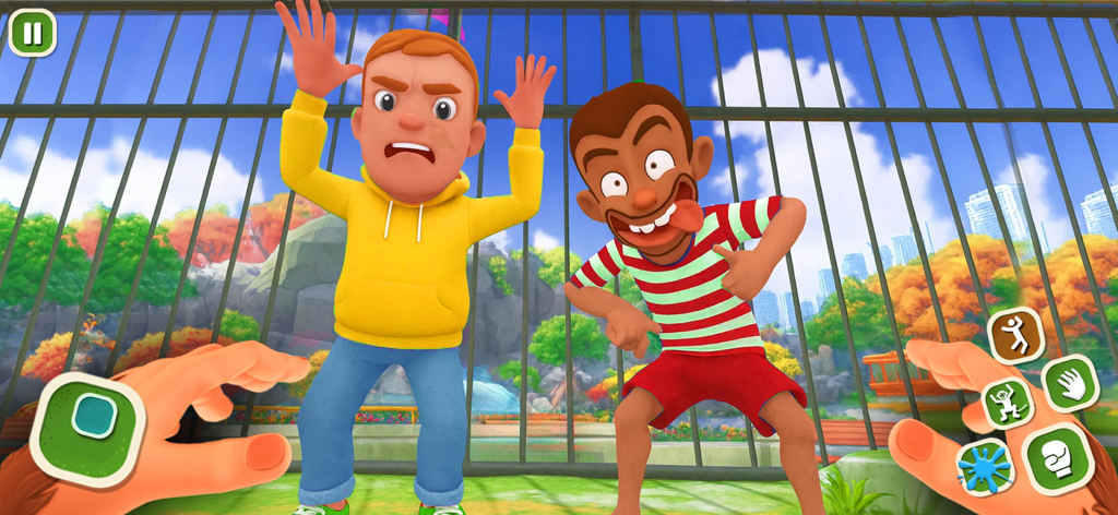 I Monkey Naughty Zoo Cage Game - Perspective à la première personne d'un singe effronté taquinant deux personnes dans un enclos de zoo