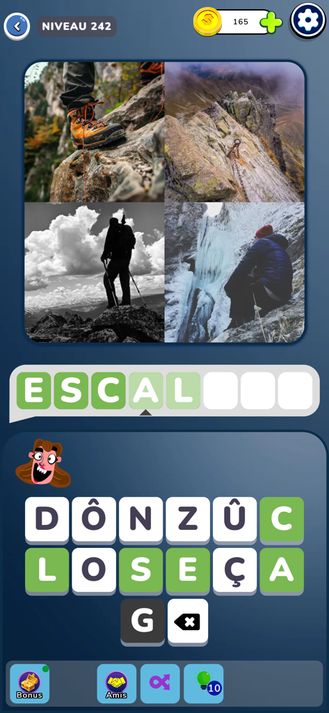Word puzzle interface for 4 Images 1 Mot featuring mountain climbing pictures and letter tiles.