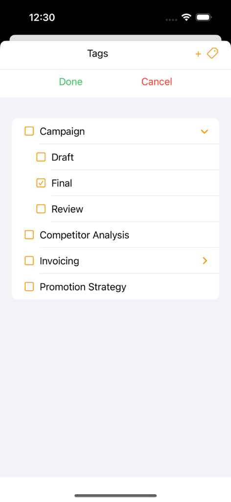 Time Logger - Interface of the Time Logger app showing a selection of nested tags for project management including Campaign, Invoicing, and Promotion Strategy.