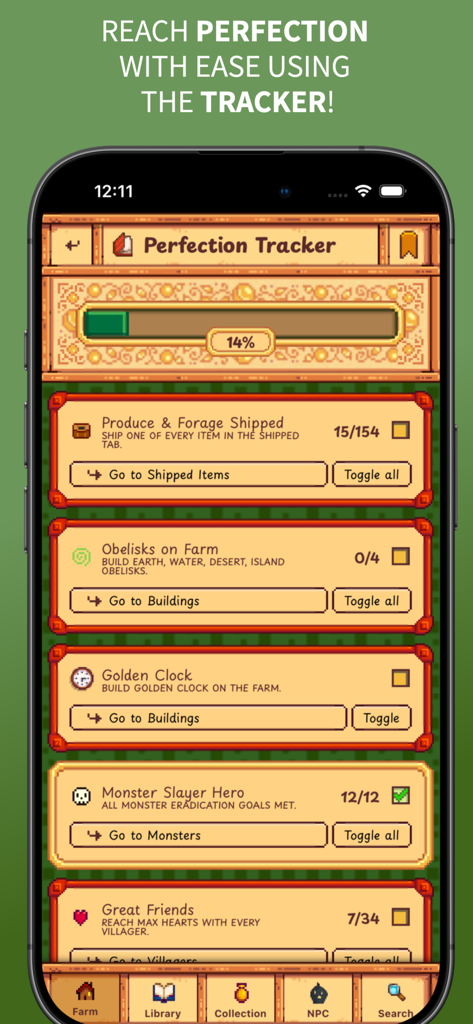 Stardew Valley perfection tracker screen showing game completion progress and checklists