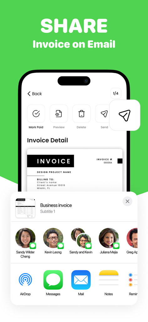 Invoice Maker - Simple Bills - Interface of Invoice Maker app showing options to share a business invoice via email and messages on an iPhone