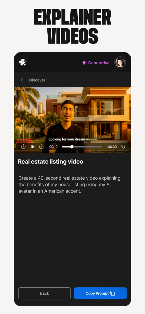 invideo AI: AI Video Generator - La interfaz de la aplicación Invideo AI generando un vídeo explicativo de bienes raíces con un avatar de IA y una indicación de texto.